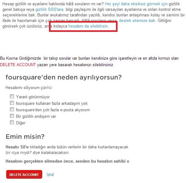Foursquare_hesap_silmek